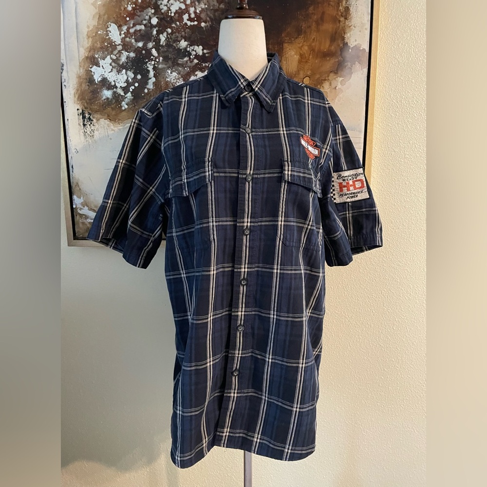 Harley Davidson short sleeve button down collared patches shirt side L EC~ - Picture 1 of 15